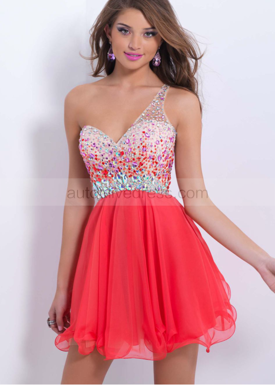 Coral Chiffon Beaded One Shoulder Open Sexy Back Knee Length Prom Dress 